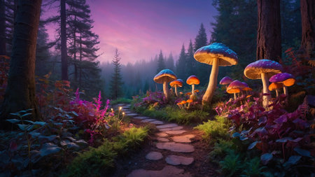 A serene forest trail is lined with vibrant, glowing mushrooms during twilight. Surrounding foliage and flowers add to the enchanting atmosphere as day transitions to night.の素材