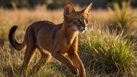 A vibrant Abyssinian cat gracefully leaps through a sun-drenched field, showcasing its agility and playful spirit. The surrounding grass glimmers with sunlight, creating a lively setting.の素材