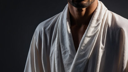 A man dressed in a luxurious white robe stands confidently against a dark backdrop, highlighting the fabric's softness and the mood of sophistication and grace.の素材