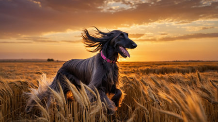 An Afghan Hound moves swiftly through a field of golden wheat, its long fur flowing in the breeze. The sunset casts a warm glow, enhancing the serene atmosphere of the moment.の素材