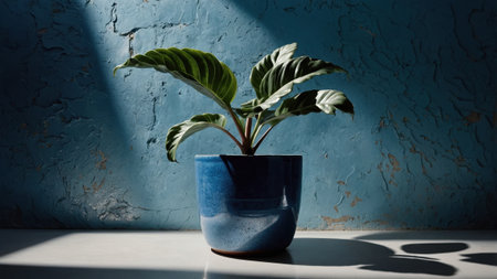 Lush houseplant adds a touch of nature to a modern interior, enhancing the ambiance with its vibrant green foliage against a textured blue wallの素材