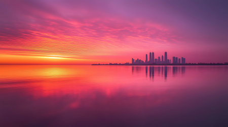 Scenic cityscape reflecting on water under beautiful pink sky at sunriseの素材