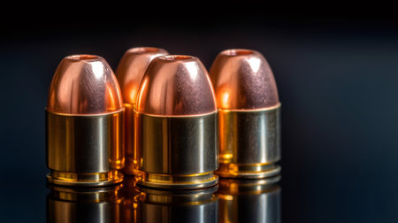 Group of copper and gold bullets reflecting on a dark background, creating a dramatic and intense atmosphereの素材