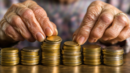 Elderly woman stacking coins making a growth chart with her savingsの素材