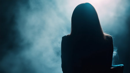 Silhouette of a businesswoman sitting on a chair, facing blue smoke, creating a mysterious atmosphereの素材