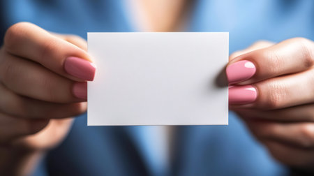 Woman holding a blank white business card with pink nail polishの素材