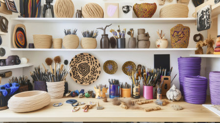 Colorful yarns, brushes, and decorative objects arranged on shelves and table in a fiber artist's bright studioの素材