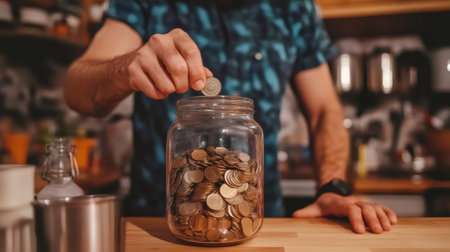 Man putting coins into glass jar, saving money, finance and economy conceptの素材
