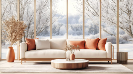 Warm and inviting living room with a comfortable sofa and large windows showcasing a beautiful snowy winter landscapeの素材