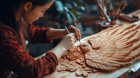 Young woman working on detailed wooden bird relief carving in her art studioの素材