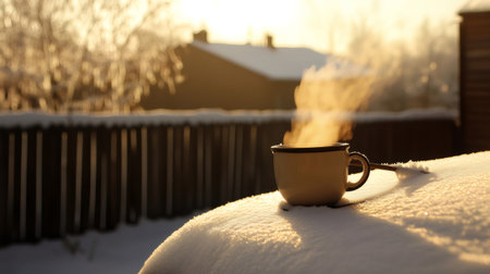 Enjoying a hot beverage outdoors in the snow during a beautiful winter sunsetの素材