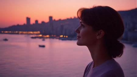 Side view portrait of a young woman enjoying the sunset over the city of Beirut, Lebanonの素材
