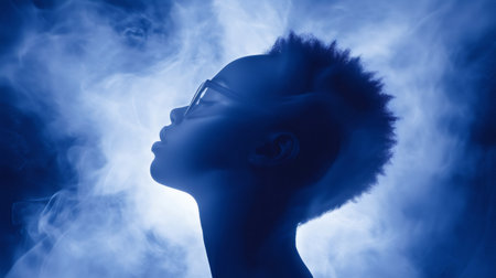 Profile of a woman wearing glasses breathing as a blue smoke cloud envelops herの素材