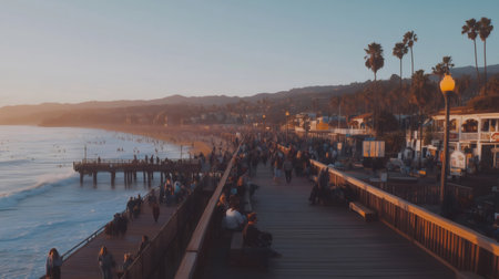 Tourists walking and relaxing on crowded pier at sunset in Californiaの素材
