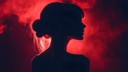Studio portrait of young woman posing as a silhouette in red smokeの素材