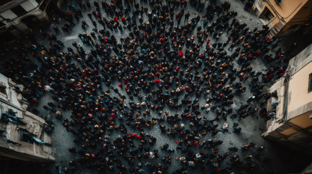 Wide angle shot of a crowd of people standing in a square between buildings, seen from aboveの素材