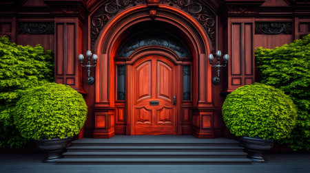 Ornate wooden door of a Victorian style house, flanked by decorative plants in pots, exudes timeless eleganceの素材