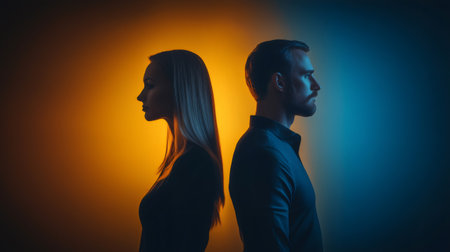 Dramatic portrait of a couple facing away from each other, illuminated by contrasting warm and cool lighting, creating a sense of tension and separationの素材