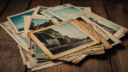 Stack of vintage photos showing city street scenes and buildings resting on a wooden tableの素材