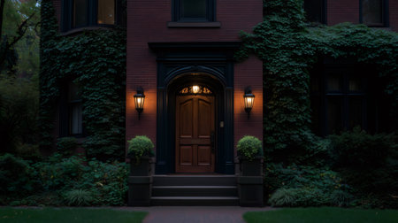 Wooden front door of a Victorian house with two wall lights illuminating the entrance at twilightの素材