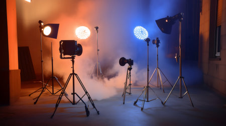 Several led panels and spotlights illuminating an empty photo studio filled with smoke, creating a dramatic atmosphereの素材