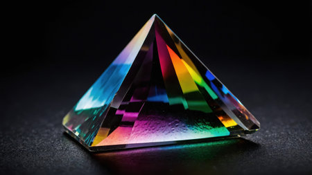 Glass pyramid with vibrant colors refracting light, creating a beautiful spectrum on a dark backgroundの素材