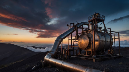 Industrial equipment sits atop a hillside surrounded by a dramatic sunset. A long metallic pipe extends from the machinery against a cloud-dotted sky, showcasing a blend of technology and nature.の素材
