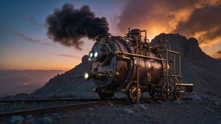 A steam locomotive rests on the tracks as the sun sets behind mountains, filling the sky with vibrant colors. Smoke billows from the engine, creating a nostalgic atmosphere.の素材