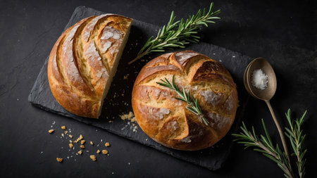 Freshly baked round bread loaf on black slate board with rosemary sprigs and coarse sea saltの素材