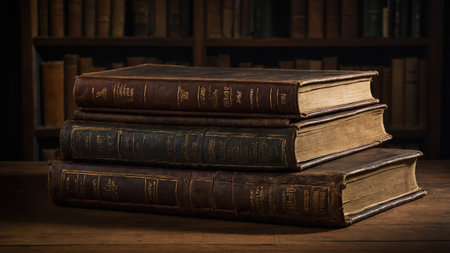 Antique books with gold lettering stacked on wooden table in front of library bookshelves, creating a vintage and academic atmosphereの素材