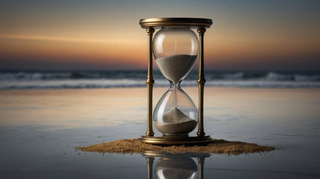Brass hourglass measuring the remaining time on a sandy beach at sunset, time, deadline, countdown conceptの素材