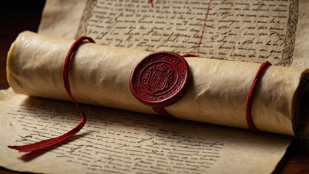 Rolled parchment secured with red string and wax seal on antique documentの素材