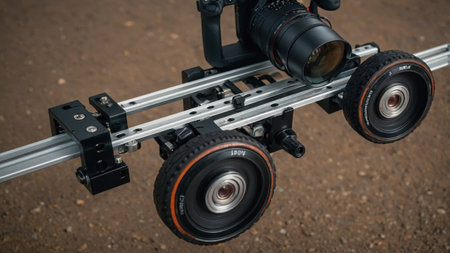 A camera dolly equipped with wheels sits on metallic tracks, ready for smooth motion filming on a gravel ground at an outdoor location, showcasing advanced filming equipment.の素材