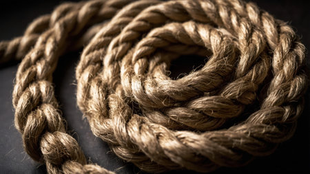 Close up of a coiled hemp rope creating concentric circles, highlighting texture and pattern against a dark backgroundの素材