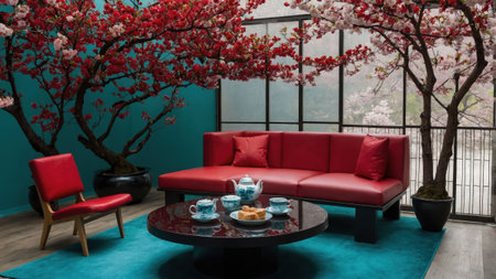 A tranquil indoor space features a vibrant red couch and a stylish round table surrounded by beautiful cherry blossom trees.の素材