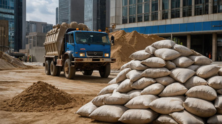A dump truck is seen unloading construction materials at a busy urban site. Sand piles and stacked bags are scattered around, indicating active building work in progress.の素材
