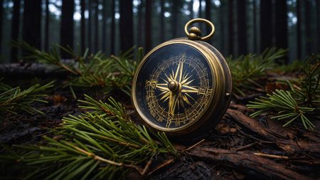 A well-worn brass compass placed amid green pine needles. Surrounding is a thick forest with tall trees, creating a serene and focused atmosphere. Sunlight filters softly through the leaves.の素材