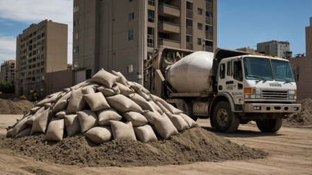 A concrete mixer truck is parked next to a large pile of sandbags at a construction site in an urban area during daylight. Surrounding buildings rise in the background.の素材
