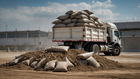 A dump truck is unloading sand at a construction site. The truck is parked next to a large pile of sandbags under a clear blue sky. Dust is visible in the air.の素材