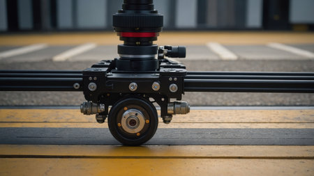 The camera dolly system is positioned on a railway track, showcasing its wheel assembly. This setup allows for stable filming in an industrial setting, enhancing production quality.の素材