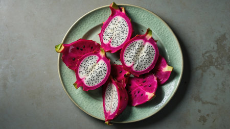 Slices of fresh dragon fruit are served on a green plate, creating a vibrant display of color and textureの素材