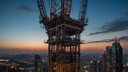 High above the city, construction crews work diligently as the sun sets, illuminating the skyline with vibrant colors, showcasing a developing urban landscape.の素材