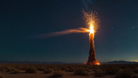 A spectacular rocket launch illuminates the night sky in the desert, sending up vibrant flames and smoke as it ascends. Stars twinkle in the backdrop, enhancing the breathtaking view.の素材