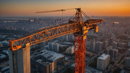 A towering construction crane stands prominently among high-rise buildings as the sun sets in the background, casting a warm glow over the bustling cityscape.の素材
