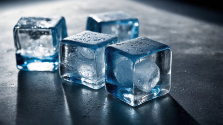 Four melting ice cubes on dark background under dramatic light, freshness conceptの素材