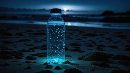 A water bottle sits among rocks on the beach, illuminated by a soft blue glow as the moon rises over the ocean, creating a serene nighttime setting.の素材