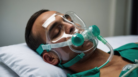 A man is resting in a hospital bed, wearing an oxygen mask, while receiving respiratory support. The calm environment reflects early morning light, emphasizing the medical care provided.の素材