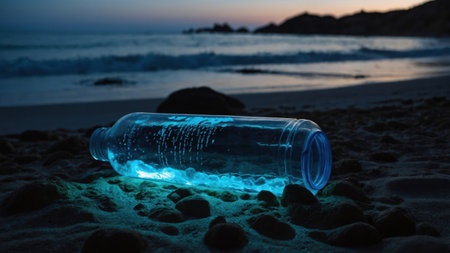 A glowing water bottle is placed on a rocky beach as twilight descends. The ocean waves softly wash ashore, reflecting the fading light of the day.の素材
