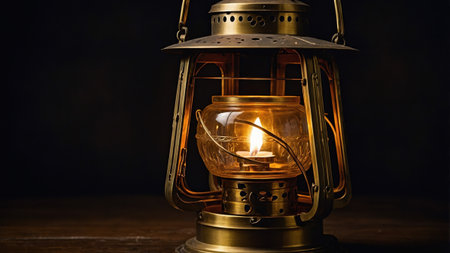 Antique brass lantern casts a warm glow, its flame flickering gently against a dark backdropの素材