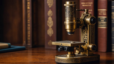 A brass microscope rests on a wooden desk, surrounded by colorful antique books in a cozy study. The warm light highlights its intricate design, suggesting scholarly pursuits.の素材